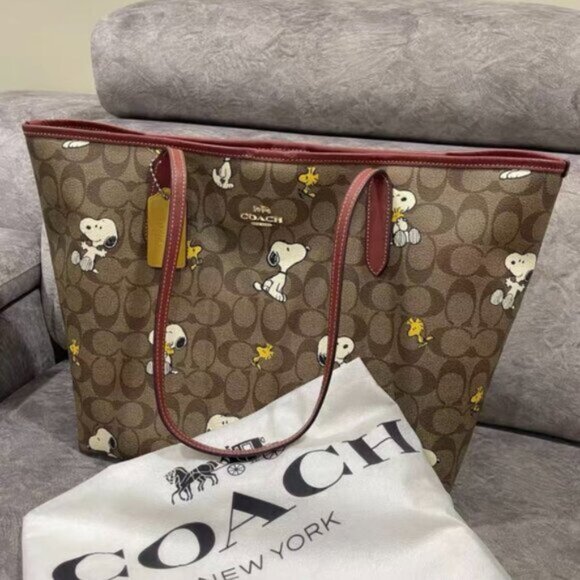Coach Brown Tote with Snoopy and Woodstock - Picture 3 of 7
